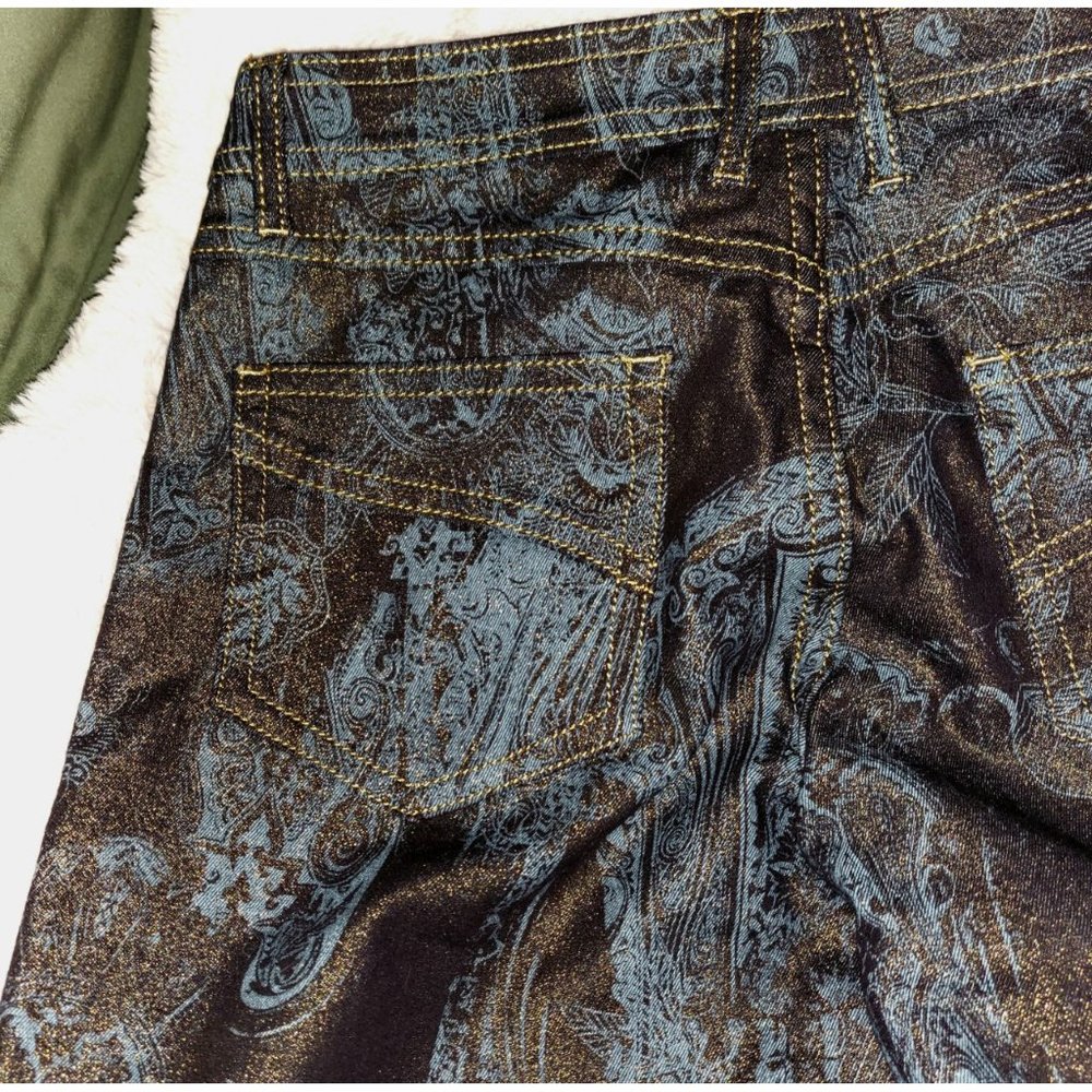 NWOT Cache gold glitter metallic blue paisley jeans 15" across waist - Picture 7 of 10